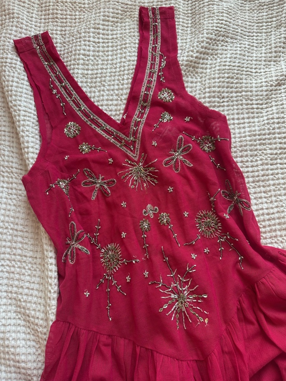 Embellished Deadstock Deep V Pink/Red Free People Dress